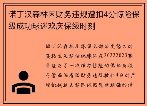 诺丁汉森林因财务违规遭扣4分惊险保级成功球迷欢庆保级时刻 诺丁汉森林因财务违规遭扣4分惊险保级成功球迷欢庆保级时刻