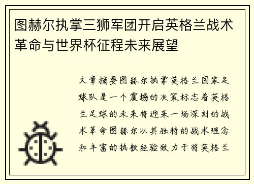 图赫尔执掌三狮军团开启英格兰战术革命与世界杯征程未来展望